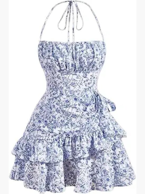 Dresses & Skirts - Floral Halter Mini Dress with Ruffle Hem and Tie Backless Detail, S-XL